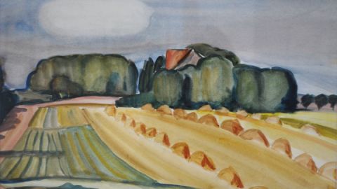 Mecklenburger Kornfeld mit Hocken. Aquarell von Karl Christian Klasen, 1934